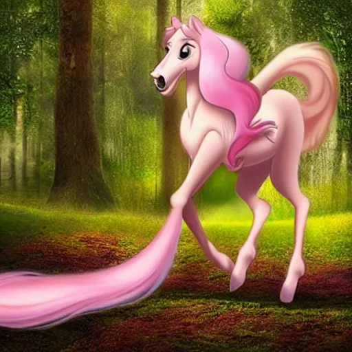 Prompt: beautiful female centaur in the style of Disney, Fantasia, flowing long hair, running through the forest, pink and white fur horse tail,