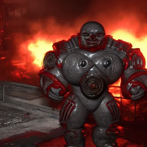 Prompt: burger king kurger bing creepy mascot in gears of war, cinematic shot