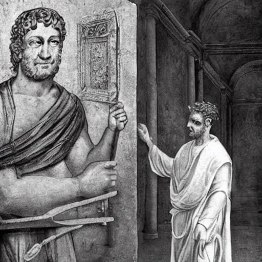 Prompt: photo of an ancient roman fresco on a wall in an ancient roman villa : mark zuckerberg as a roman noble senator next to a grill with meats. dressed in a white toga. serious facial expression. detailed, intricate artwork. faded shadows