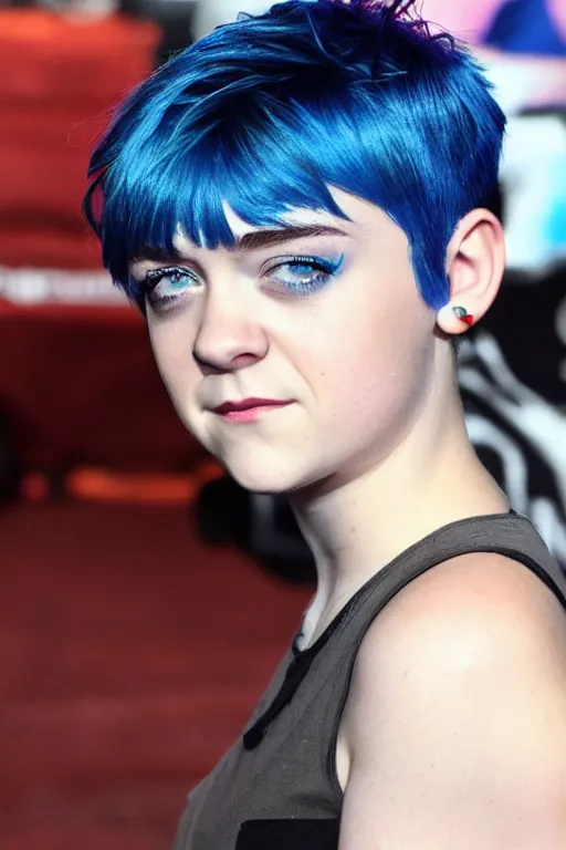 Image similar to photo of young cute punk woman with blue pixie cut posing, maisie williams