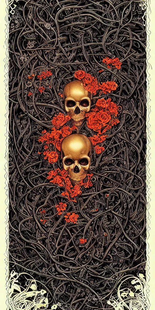 Image similar to human skull wrapped in vines + black paper + elements + red + gold + neon + baroque + rococo + white + orange + ink + tarot card with ornate border frame + marc simonetti, paul pope, peter mohrbacher, detailed, intricate ink illustration