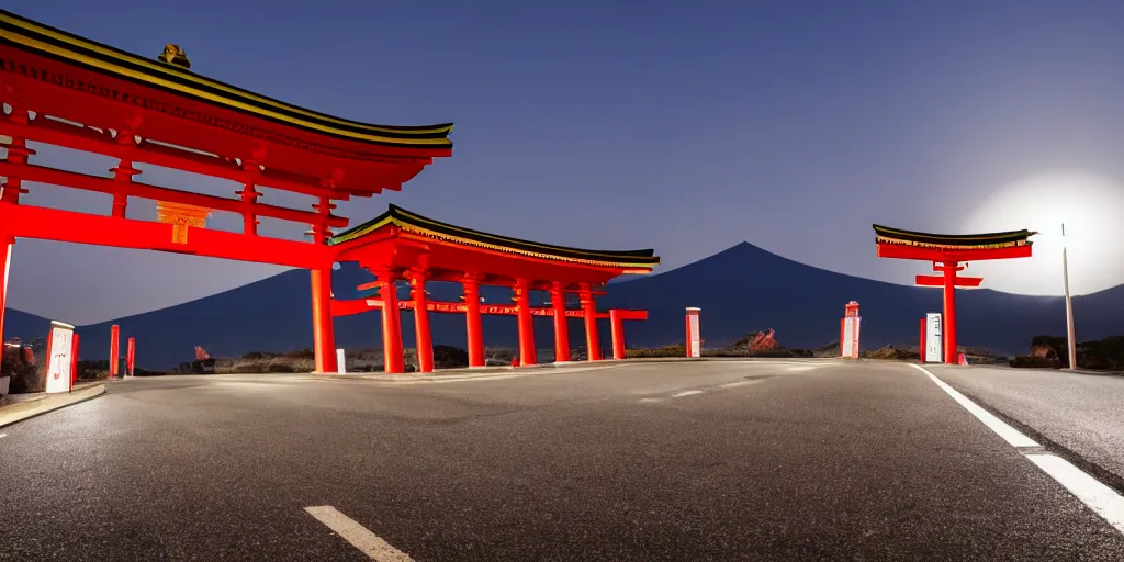 Image similar to A night photo of a school bus driving towards a Japanese Torii gate at Mount Fuji location in Japan, time travel, 4K, global illumination, ray tracing