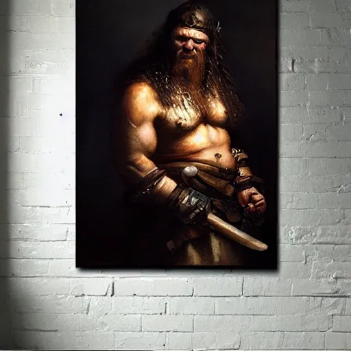 Prompt: high quality oil painting portrait of brutal barbarian with big scar by Rembrandt and Raymond Swanland, dark background, high fantasy, perfect lighting