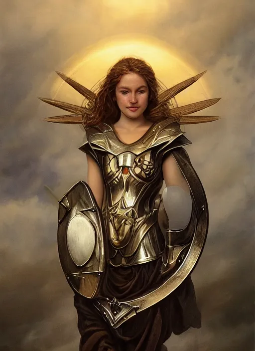 Prompt: symmetry!! portrait of a beautiful biblical diabolical agile girl holding shield, reflective porcelain skin, light cyborg armor, in clouds, cinematic studio light, windy, sunrise, by gerald brom, by mikhail vrubel, by peter elson, muted colors, extreme detail! trending on artstation, 8 k
