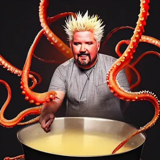 Image similar to guy fieri, turning into an eldritch horror with tentacles, sitting in a giant pan filled with boiling oil, film still from the movie directed by denis villeneuve with art direction by salvador dali