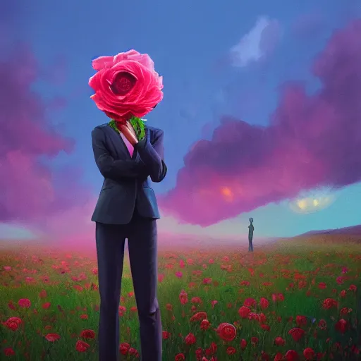Prompt: closeup, giant rose flower head, portrait, girl in a suit, surreal photography, sunrise, blue sky, dramatic light, impressionist painting, digital painting, artstation, simon stalenhag