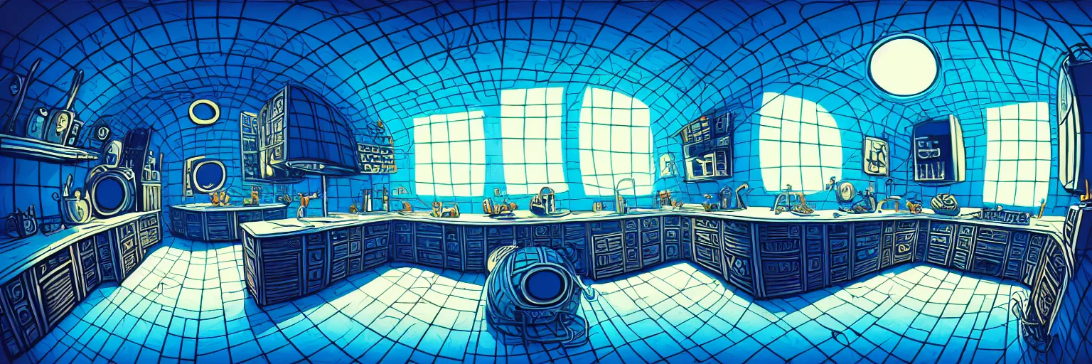 Prompt: black blue palette, fisheye spiral lines, naive, extra narrow, detailed illustration of a kitchen, large floor, octopus shaped by rhads from lorax movie, trending artstation, underwater