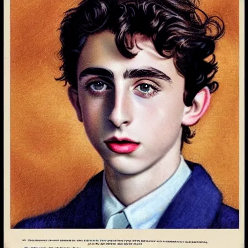 Image similar to “Timothée Chalamet portrait, color vintage magazine illustration 1950”