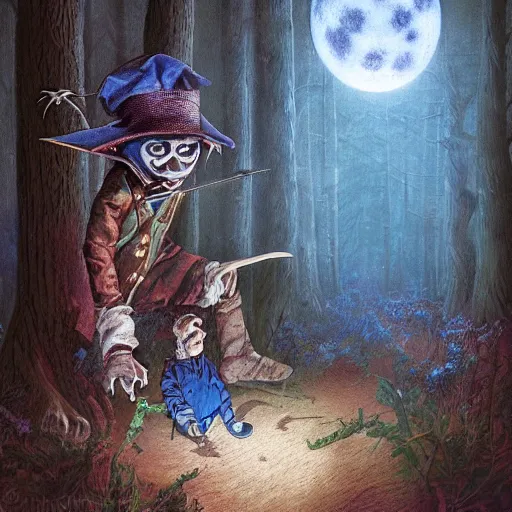 Prompt: portrait of the terrified Rincewind in the dark Forbidden Forrest, at night, full moon, blue tones, detailed, hyperrealistic, colorful, cinematic lighting, digital art by Paul Kidby