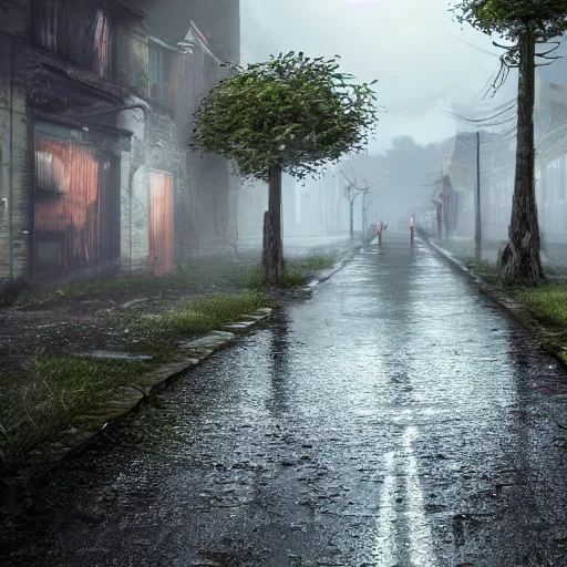 Image similar to dark, dingy, wet, cramped, rural city, street run down, overgrown with large fungus, 4k, high detail