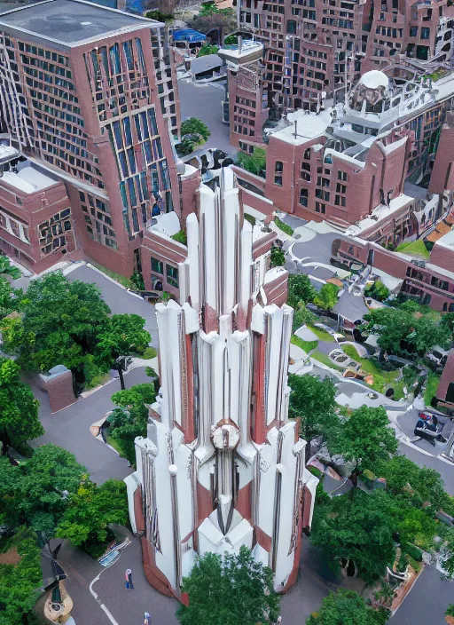 Prompt: isometric artdeco cathedral by frank lloyd wright, shot from drone, painted by piet mondrian