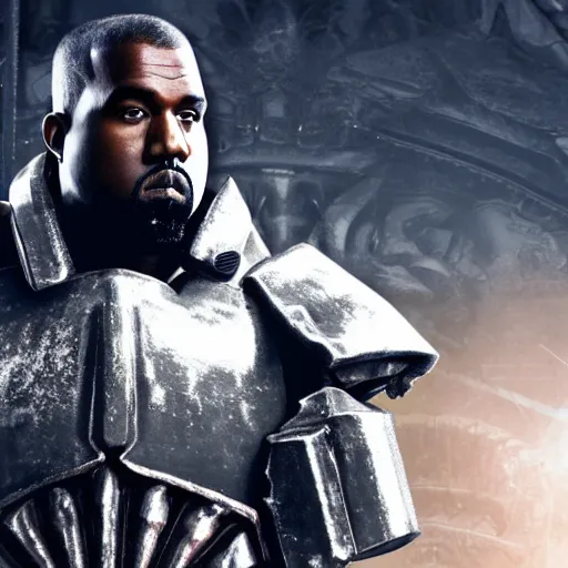 Image similar to Kanye West as the emperor of humanity from warhammer 40k in Gears of War, splash art, movie still, cinematic lighting, dramatic, octane render, long lens, shallow depth of field, bokeh, anamorphic lens flare, 8k, hyper detailed, 35mm film grain