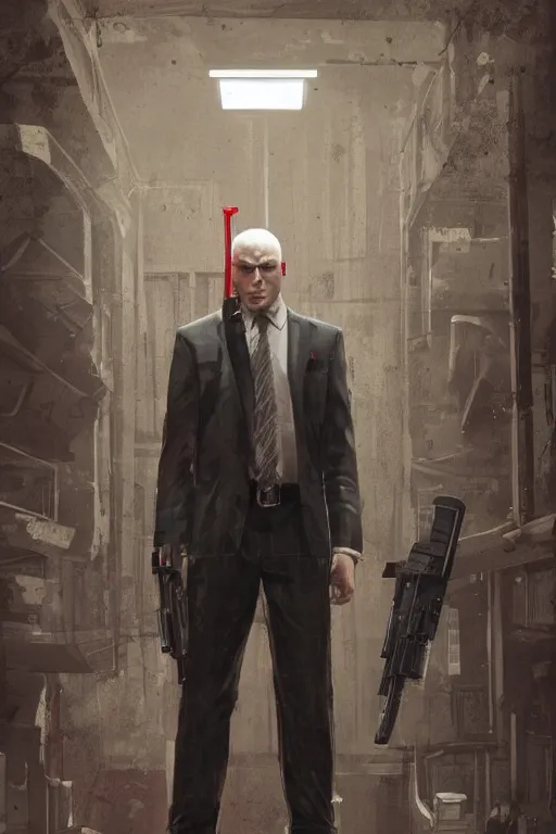 Image similar to an expressive full body portrait of agent 4 7 from hitman in a hallway full of guns, dark background, red rim light, digital art, artstation, concept art by giger stalenhag