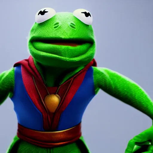 Image similar to a still of kermit the frog as doctor strange on avengers endgame, octane render, unreal engine 5, high quality, highly detailed, close up photo, 8 k