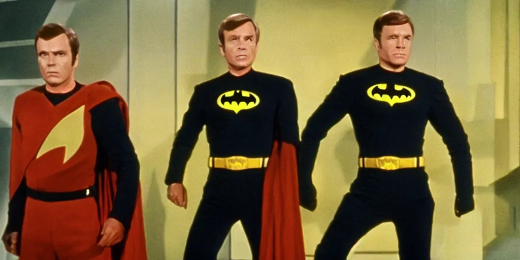 Image similar to (Batman) in Starfleet uniform, in the role of Captain Kirk in a scene from Star Trek the original series