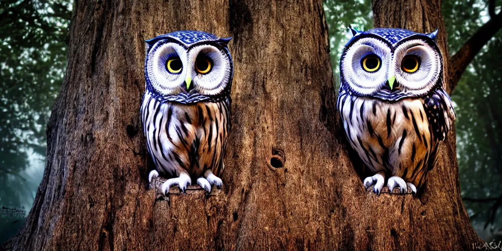 Image similar to tha owlking with red and blue eyes sitting on a throne carved in a big tree, moonlight, natural light, Cinematic level shot, dynamic pose, award winning photograph, photorealism, beautiful lighting, sharp, details, hyper-detailed, HDR, 8K