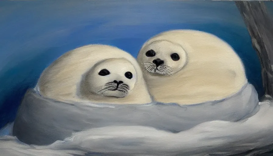 Image similar to highly detailed painting of cute furry white baby seals cuddled up in an igloo by william turner, thick brush strokes and visible paint layers, 4 k resolution, blue and white colour scheme