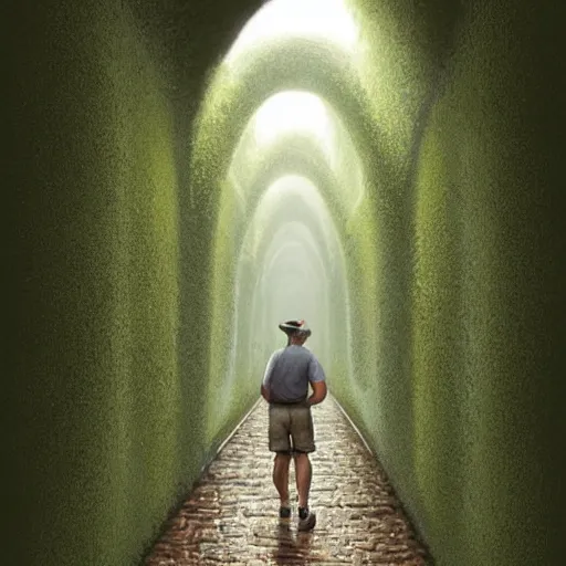 Prompt: A man in shorts and baseball cap walks down a very long, high walled tunnel, green floor, brown brick sides, long shadow, his back is turned, highly detailed, digital painting, artstation, concept art, smooth, sharp focus, illustration, art by greg rutkowski