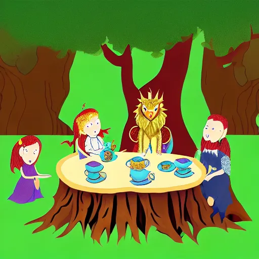 Image similar to children's book illustration of a manticore at a tea party with a gnome wizard and and ogre knight of the realm. Setting is a forest. Table is a tree stump with a kettle on top