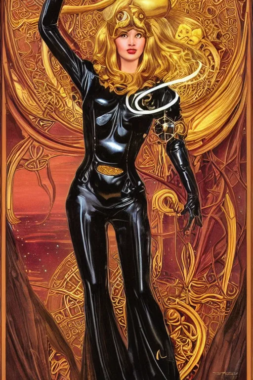 Prompt: Portrait of an epic space queen sorceress with long hair wearing catsuit with ornate bronze and gold, Art Nouveau, retro science fiction poster by Elisabeth Sonrel and Kelly Freas (1965), character concept art, 4k, cgsociety, artgerm