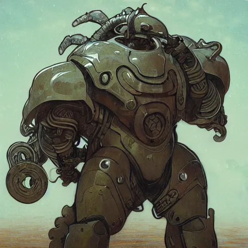 Prompt: hulking, brutish clone with vacant expression and giant isopod attached to back of neck, wearing brutalist black steel power armor and camoflauge cloak, science fiction concept art by Anato Finnstark, Alphonse Mucha, and Greg Rutkowski