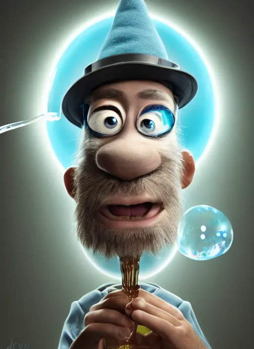 Image similar to an anthropomorphic beautiful male wizard portrait blowing bubbles wearing blue robe, fine art, award winning, intricate, elegant, sharp focus, octane render, hyperrealistic, wizard hat cinematic lighting, highly detailed, digital painting, 8 k concept art, art by jamie hewlett and z. w. gu, masterpiece, trending on artstation, 8 k