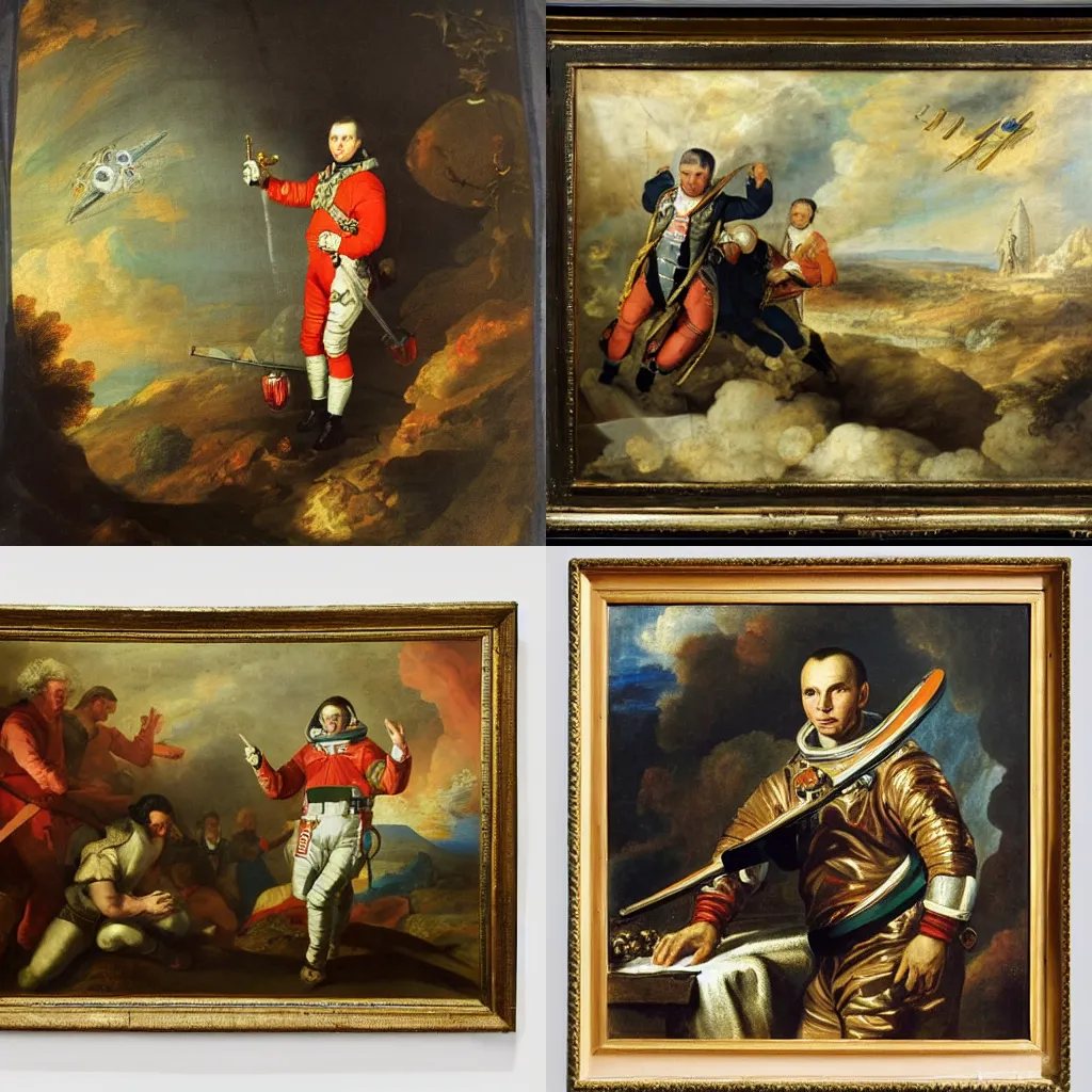 Prompt: 18th century historical painting representing Yury Gagarin first space flight, by Joshua Reynolds, Hermitage museum catalog photography,