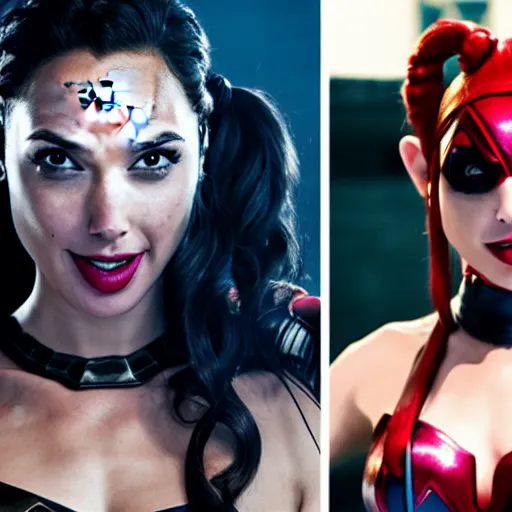 Image similar to Gal Gadot cosplaying Harley Quinn, 4k, detailed, studio lighting