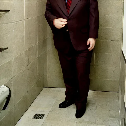 Prompt: Andy Richter is wearing a chocolate brown suit and necktie. Andy is standing inside a bathtub with the shower running over him. The suit and necktie are soaking wet.