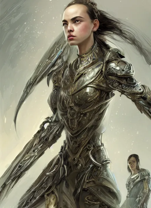 Image similar to a professional portrait of a beautiful young female, clothed in ethereal battle armor, olive skin, long dark hair, beautiful bone structure, symmetrical facial features, intricate, elegant, digital painting, concept art, smooth, sharp focus, finely detailed, illustration, from Valerian and the City of a Thousand Planets, in the style of Ruan Jia and Mandy Jurgens and Artgerm and Greg Rutkowski and William-Adolphe Bouguerea