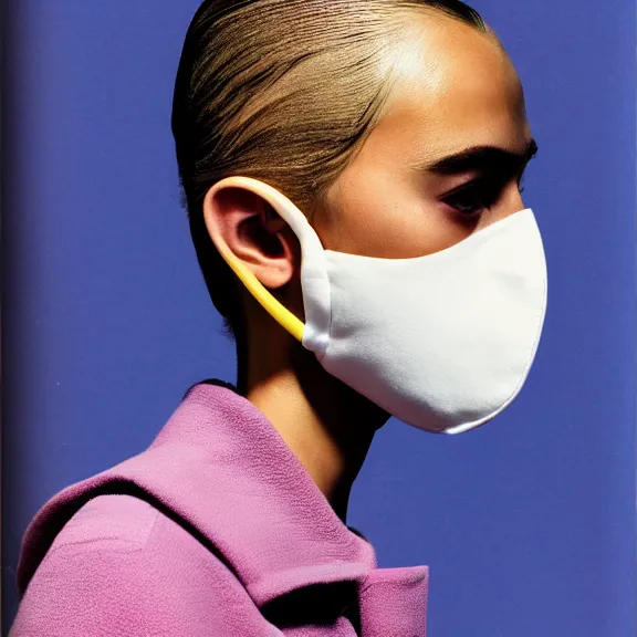 Prompt: model in futuristic full face mask wearing baggy colorful 9 0 s jacket by rick owens. magazine ad. pastel brutalist background.