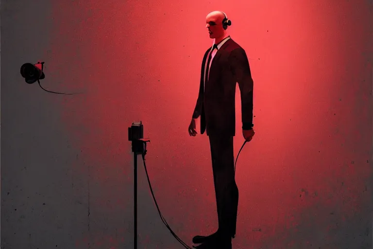 Image similar to an expressive portrait of agent 4 7 from hitman wearing headphones and holding a handgun in front of a wall of vinyl records, head being lit by red rim light, digital art, artstation, art by giger stalenhag