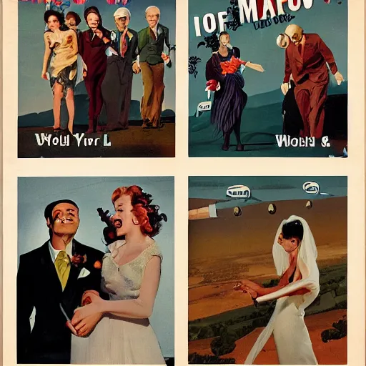 Image similar to i wouldn't marry you if you were the last man on earth!, apocalypse wedding, crying sad unhappy bride, laughing groom, doomsday by gil elvgren and margaret brundage and chesley bonestell