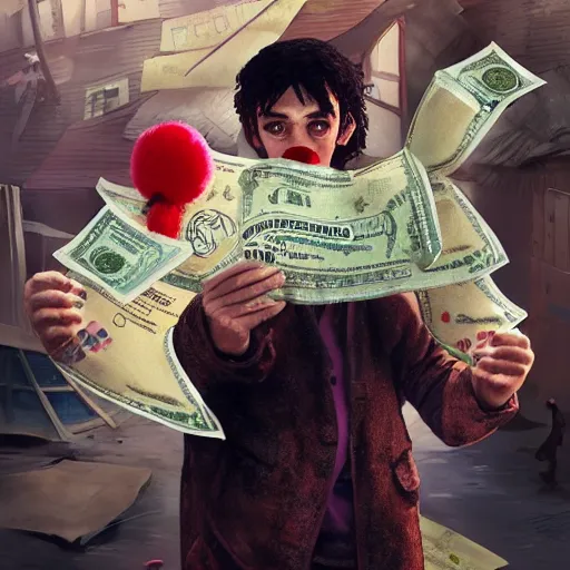 Image similar to A poor clown holding a giant dollar banknote, background is a slum, artstation, cgsociety, masterpiece