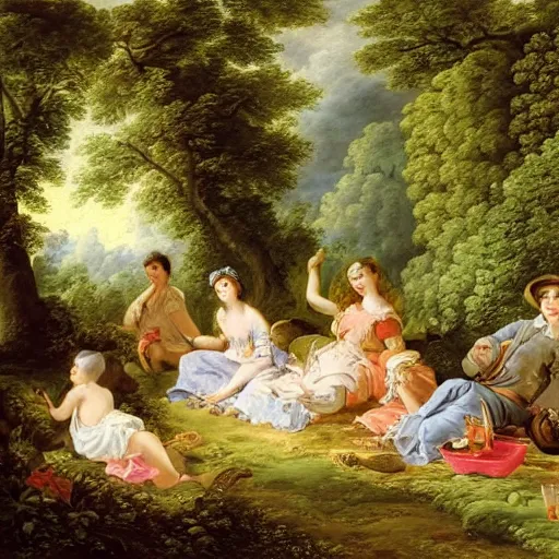 Prompt: a beautiful painting of a picnic in a wooded park by francois boucher
