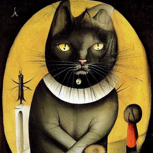 Prompt: stunning portrait of the cat of cheshire by hieronymus bosch