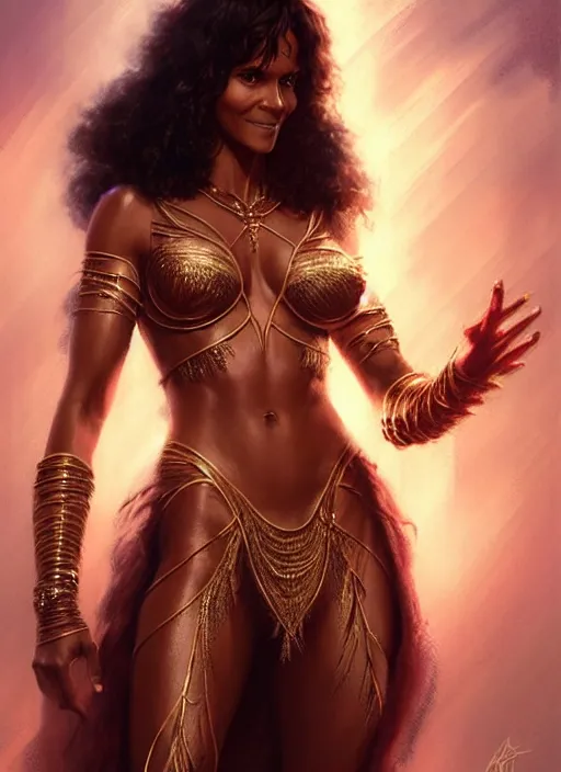 Prompt: halle berry in dejah thoris outfit, intricate, elegant, glowing lights, highly detailed, digital painting, artstation, glamor pose, concept art, smooth, sharp focus, illustration, art by artgerm and greg rutkowski, artey freytag