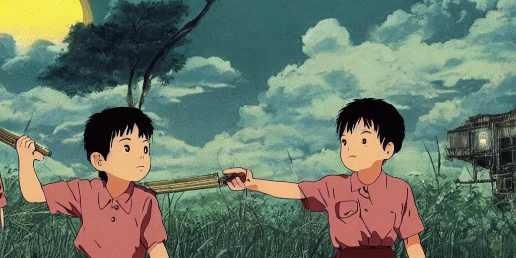 Image similar to Film still from Grave of the Fireflies (1988), evening, Studio Ghibli, Artstation