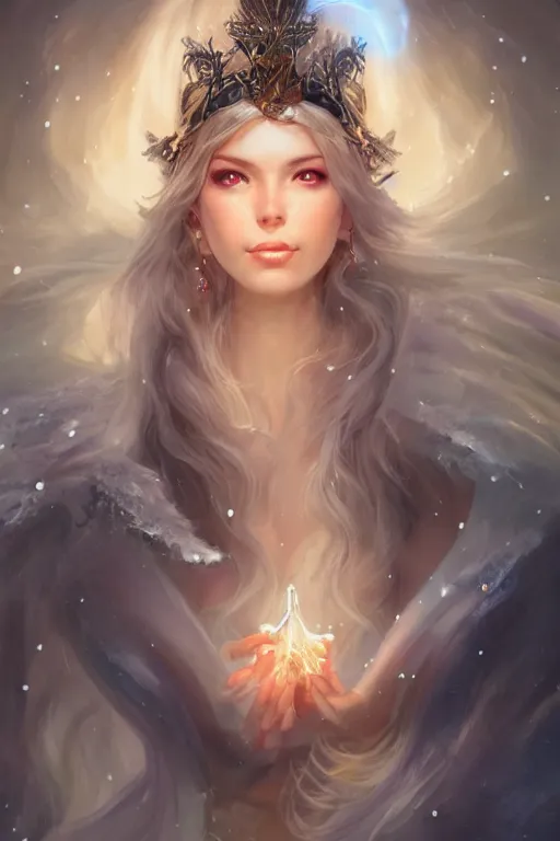 Image similar to face closeup beautiful girl wizard covered with crystals and ice, holding snow and casting magic spell, angel, fantasy, magic the gathering, hyper detailed, 3 d render, hyper realistic detailed portrait, peter mohrbacher