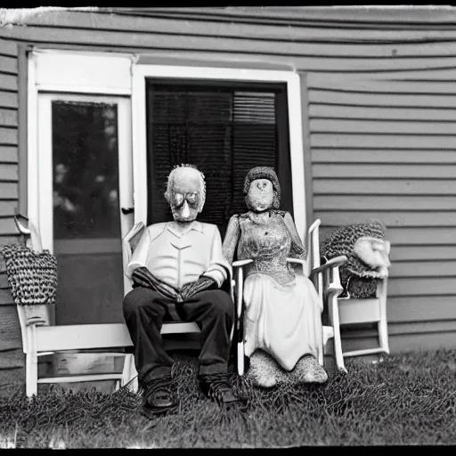 Prompt: tired miniature bearded old man and his giant skeleton wife sit in rocking chairs on on the porch of their house, 8mm photography