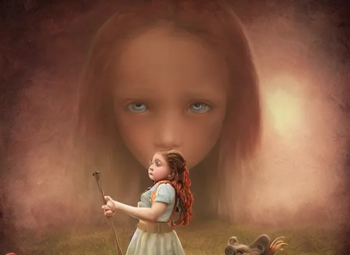 Prompt: a little girl with a cross fights off terrified demons, clear face and bright eyes. 8 k, matte painting, lowbrow in the style of lilia alvarado, mark ryden and martin johnson heade,