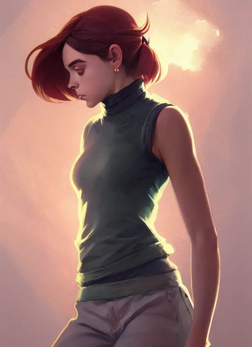 Image similar to portrait of a full body of beautiful young female detective, d & d, sleeveless turtleneck, fantasy, flat lighting, intricate, highly detailed, digital painting, artstation, concept art, smooth, sharp focus, illustration, billie eilish, art by simon bisley and greg rutkowski and alphonse mucha, natural tpose