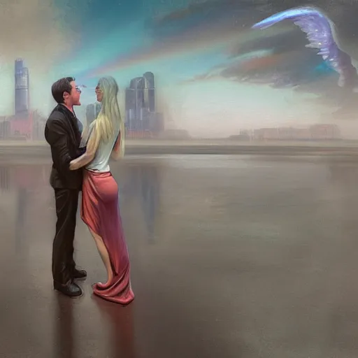 Image similar to an illustration of a woman with angel wings hugging her friend, a woman with long blond hair, digital art, clockwork, moment, tectonic sky, skydome, bullet train, turbines, utopian, tech noir, wet reflections, prism, atmospheric, ambient, nick alm, casey baugh, pj crook, syd mead, livia prima, nick alm