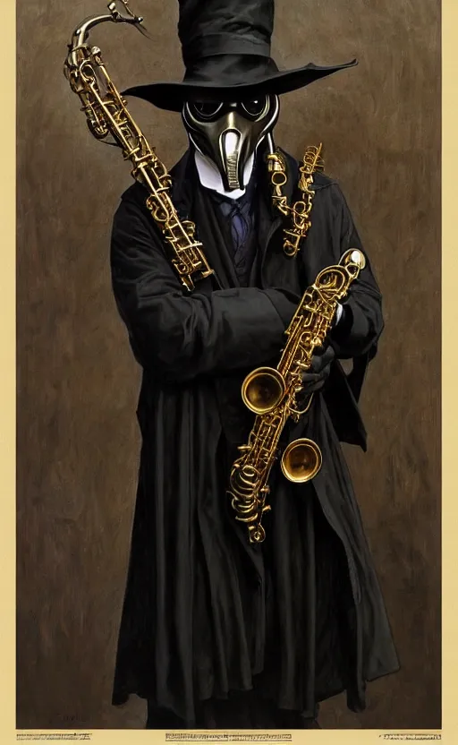 Image similar to portrait of man in black trench coat, holding an alto saxophone and wearing steam punk plague doctor mask and a black top hat, highly detailed, artstation, concept art, by krenz cushart and donato giancola and william adolph bouguereau and alphonse mucha,