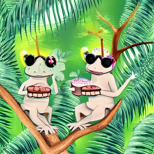 Prompt: two chameleons in sunglasses drinking milkshakes on a tree branch in a bar among the foliage, highly detailed