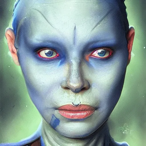 Prompt: portrait of a twi'lek woman by greg rutkowski, blue skin, pretty, she wears a band on her forehead, evil energy, wearing black robes, twisted smile, star wars expanded universe, he is about 3 0 years old, highly detailed portrait, digital painting, artstation, concept art, smooth, sharp foccus ilustration, artstation hq