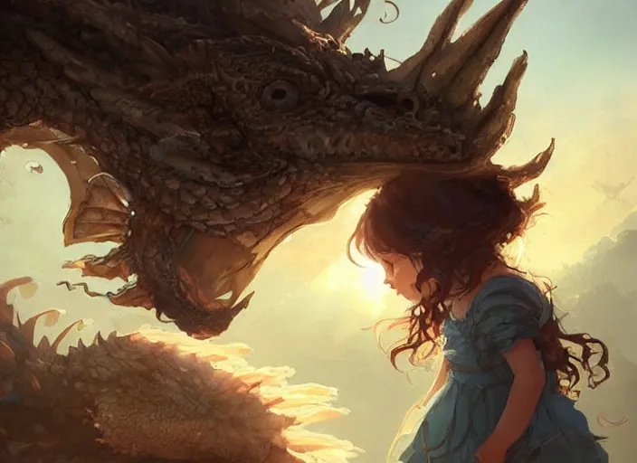 Image similar to a cute little girl with curly brown hair and blue eyes befriends a baby dragon, beautiful fantasy art by greg rutkowski.