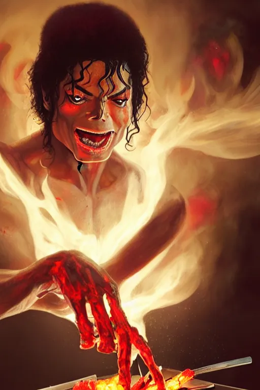 Image similar to michael jackson cooking a bbq as a demon, anatomy, bathed in light, highly detailed, photorealistic, artstation, smooth, sharp focus, illustration, unreal engine 5, 8 k, art by artgerm and greg rutkowski and edgar maxence