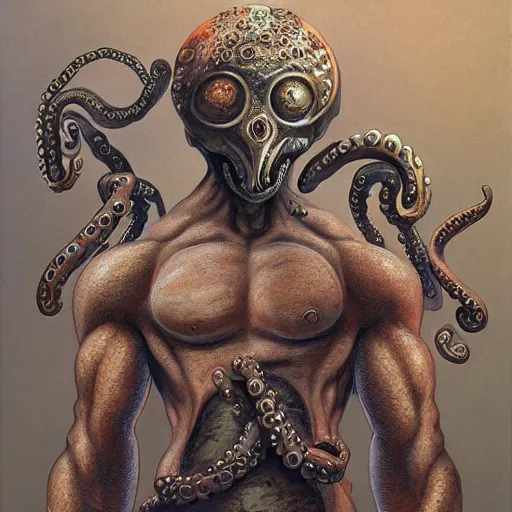 Image similar to torso portrait of a humanoid warrior with octopus head and tentacle arms, by Gerald Brom on Artstation