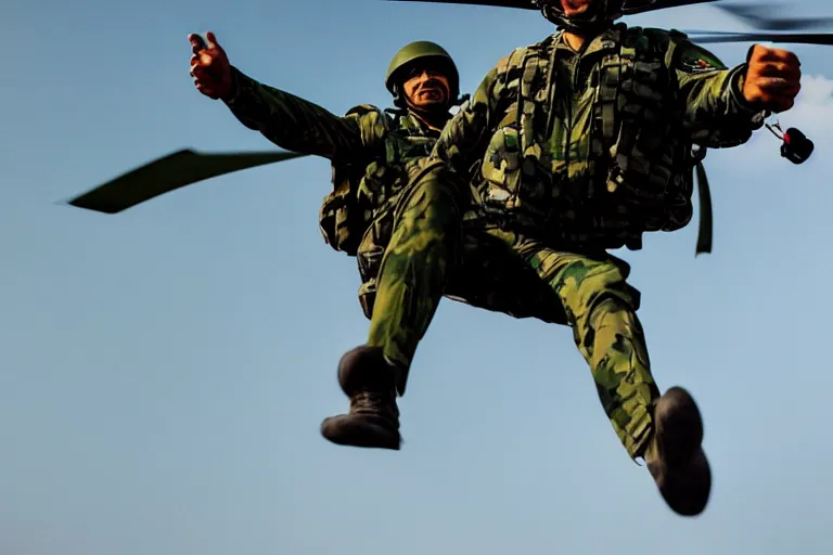 Image similar to closeup portrait of bangladesh army commander jumping from a helicopter, gopro cinematic shot, motion still, atmospheric